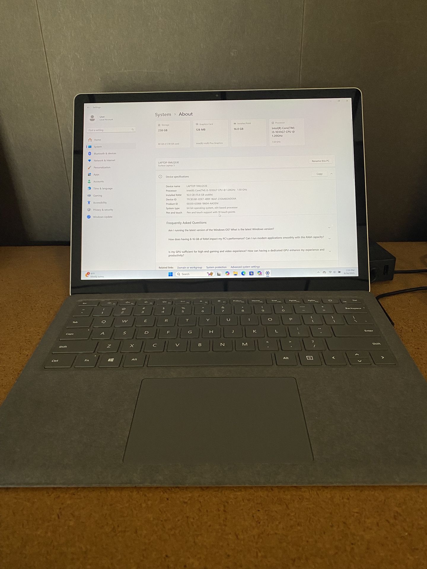 Microsoft Surface 13.5” Touch Laptop Core I5-1035g7(10th Gen) 16gb Ram 256gb Ssd Win11 Pro Charger Warranty