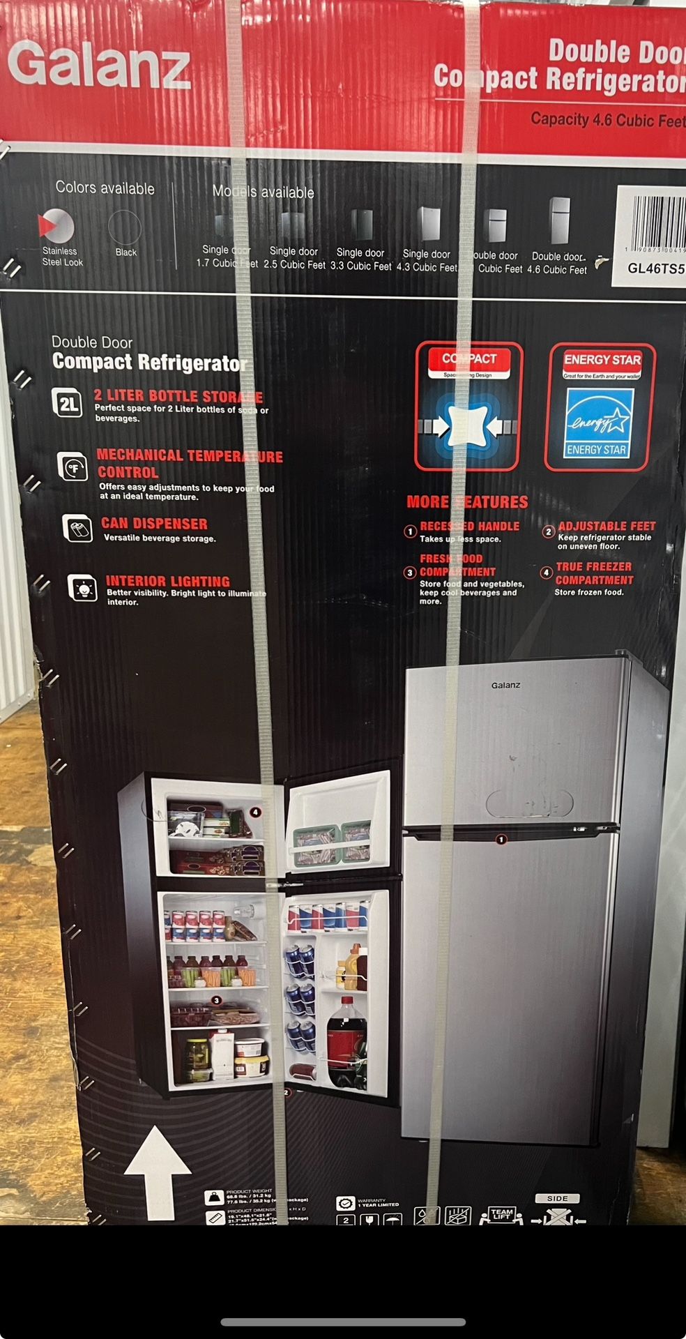 Galanz 4.6. Cu ft Two Door Mini Refrigerator with Freezer, Stainless Steel, New, Width 19.13"
