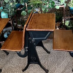 Set Of 3 Antique Wood & Cast Iron School Desks 
