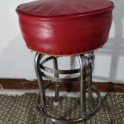 50's RED VINYL - CHROME - WOOD BAR STOOL 29"H / 15" SEAT 