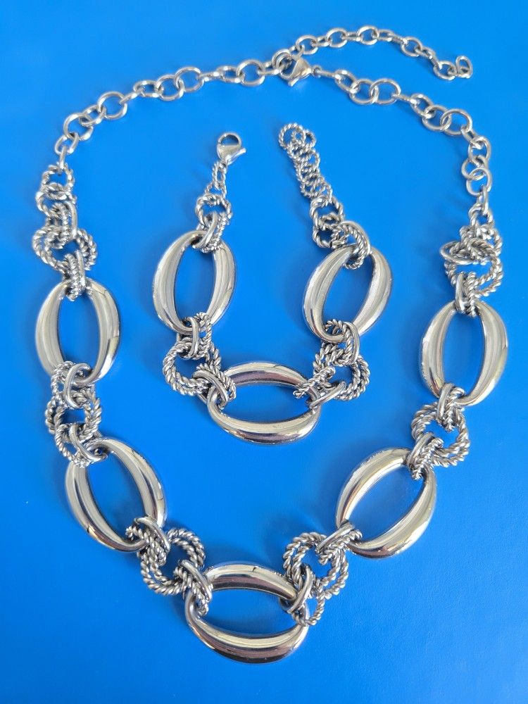 Vintage Stainless Steel Polished Chunky Design Necklace and Bracelet Set