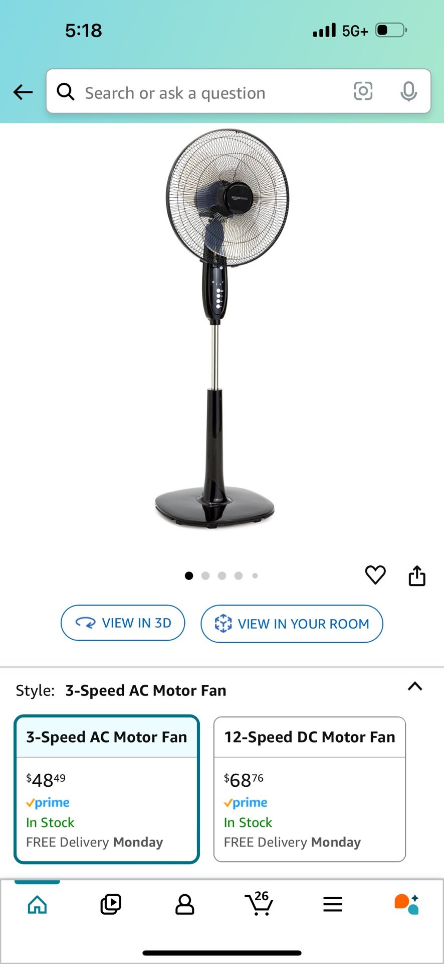 Amazon Basics 16-Inch 3-Speed Pedestal Floor Fan, Standing Fan for Home, with Oscillating Dual Blades, AC Motor, With Remote Control, Timer, Tilted He