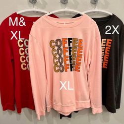 Women’s Graphic COFFEE Lightweight Tunic Sweatshirts in multiple sizes, NEW, $20 ea