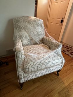 Baker Furniture, white and gold accent chair with geometric patterns