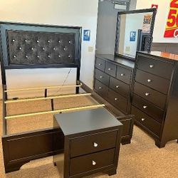 Amalia Black 4 Pieces Bedroom Set (Queen Bed, Dressers, Mirror, Nightstand) 