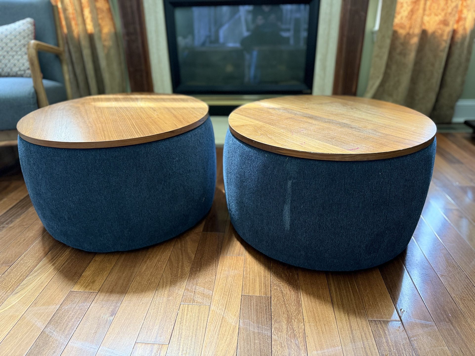Pair of Fabric and Walnut Ottomans - Stylish and Functional