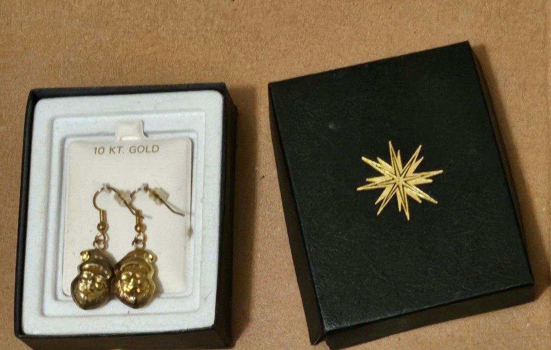 Vintage Christmas Santa Claus Drop Earrings Bell Inside 10kt Gold