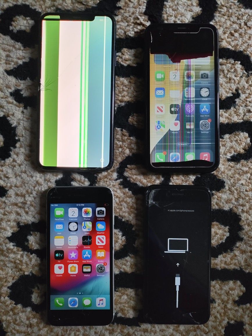 iPhone 11 Pro Max, iPhone XR, iPhone 7 & iPhone 6. They're All Unlocked And They're All Broken. For Parts Or Repairs.