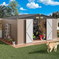 10x12FT Outdoor Storage Shed, Metal Garden Tool Shed with Breathable Vent and Lo