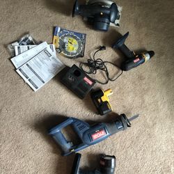 Ready for summertime projects! with RYOBI  Combo Kit 6 piece set:   Drill/Driver Reciprocating Saw Circular Saw LED Worklight 18v Battery Charger 