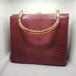 Vintage Red Crocodile Pocketbook Top Handle Structured Frame Handbag Top Lock 