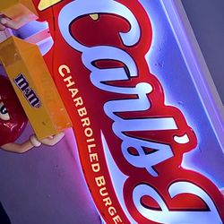 AUTHEBTIC CARLS JR. RESTURANT SIGN MINT CONDITION 9 FEET LONG REDTURANT SIGN WITH LED SMART GOVEE LIGHTING INSTALLED 