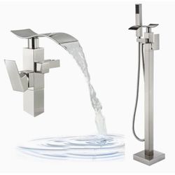 Brushed Nickel Freestanding Bathtub Faucet Tub Filler Floor Mount Waterfall Spout Brass Single Handle Bathroom Faucets with 360 Degree Swivel Handheld