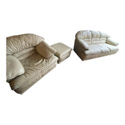 Beige Leather Sofa Set + Ottoman – Very Comfortable