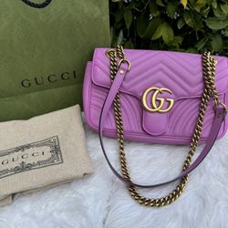 💯 Authentic GUCCI GG Logo Marmont Quilting Chain Shoulder Bag Size Small Leather Pink Retail Value $2850 + Tax 