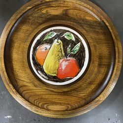 Hand Painted Ceramic Fruit Inlay Wooden Cheeseboard Vintage