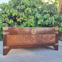 1960s George Zee Hand-Carved Chinese Camphor Wood & Brass Trunk