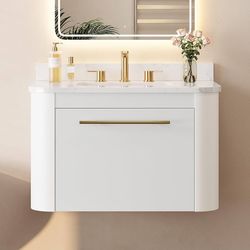 30" Floating Bathroom Vanity with Sink, Stone Top, 1 Drawer, White