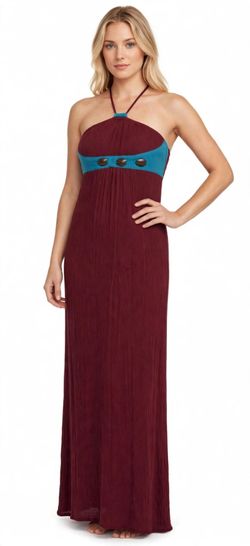 New IndoMario Womens Burgundy Crinkle Halter Maxi Dress Turquoise Trim 3 Wood Buttons