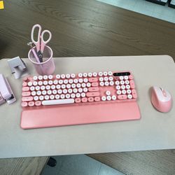Pink Wireless Keyboard & Mouse & Pink Desk Accessories   