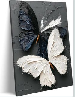 Modern Minimalist Abstract Butterfly Canvas Wall Art. Black and White Butterflies - 24"x36"