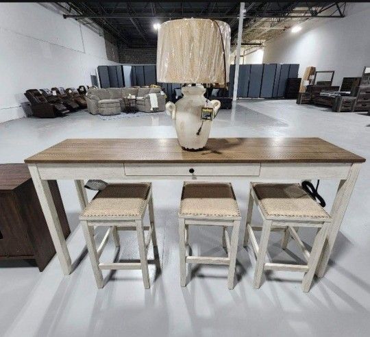 Skempton 4 Piece New Brand Whitewashed Height Dining Table And 3 Bar Stools🌟Fastest Delivery 🚚 Great Financing Options 👍