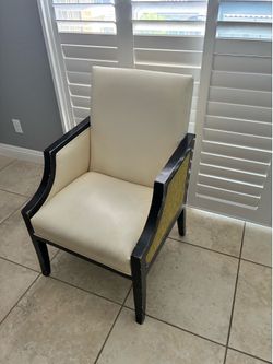 Two Vintage Style Cream Accent Chair with Black Wood Frame & Woven Side Panels