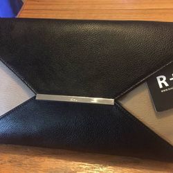 New R+J Romeo & Juliet Black / Gray Leather Large Hand Clutch Purse