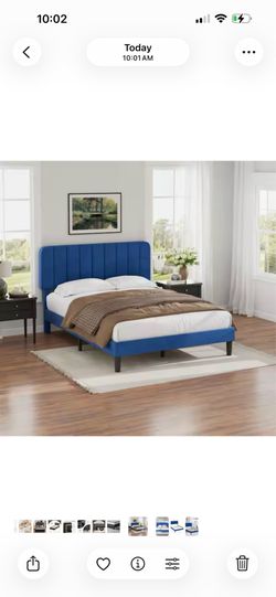 Upholstered Full Bed Frame, Platform Bed Frame with Adjustable Headboard, Strong Wooden Slats Support, Blue