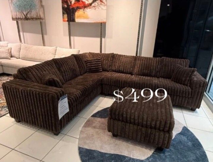Beautiful Brown Fur-Like Jumbo Corduroy Sectional Sofa With Ottoman 