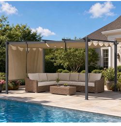 BPS 12'x 14' Aluminum Outdoor Pergola with Sun Shade Canopy & Roller Shade