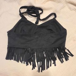 Shein Suede Halter Neck Top With Tassel Fringe