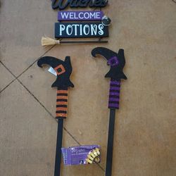Witch Halloween Bundle - Witches Welcome Sign, Leg Stakes + Orange Lights