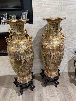 Large Japanese Royal Satsuma Hand Painted Tall Palace Floor Vase 36"