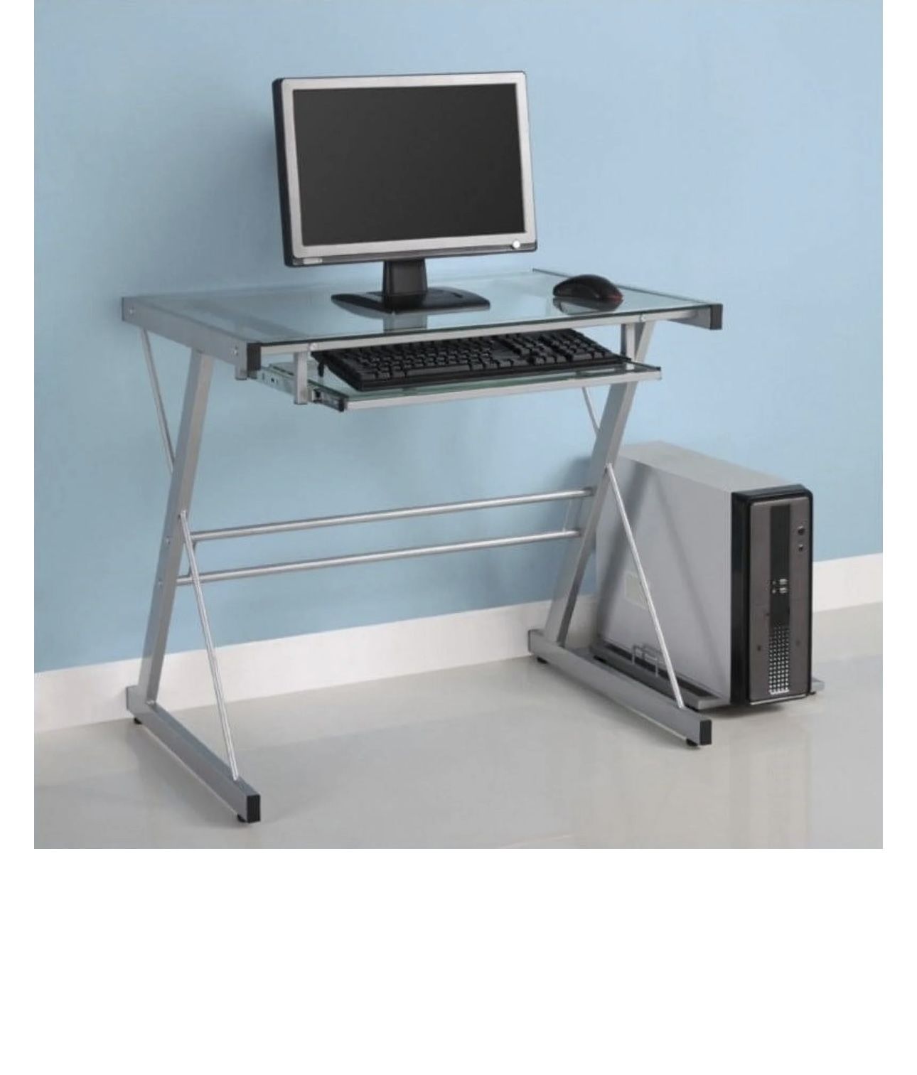 Metal and Glass Work From Home Laptop Computer Gaming Desk with Slide In Keyboard Tray Home Office 31 Inch Silverb