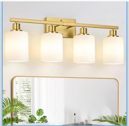 MOKATNG 4-Light Bathroom Light Fixtures, Brushed Gold Vanity Light with Milky White Shades, Bathroom Lighting Fixtures Over Mirror, Modern Bathroom Wa