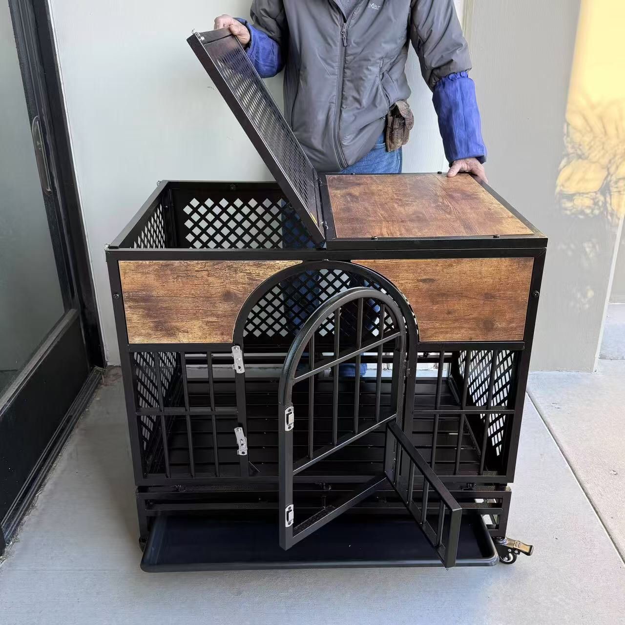 New In Box 35”Lx25”Dx33”H Heavy Duty Steel Metal Dog Cage Crate Kennel With Locking Wheels Top Opens Rustic Brown or Light Grey