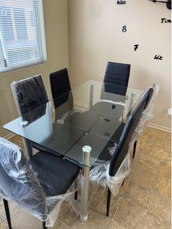 Modern Glass Dining Table Set w/ 6 Chairs