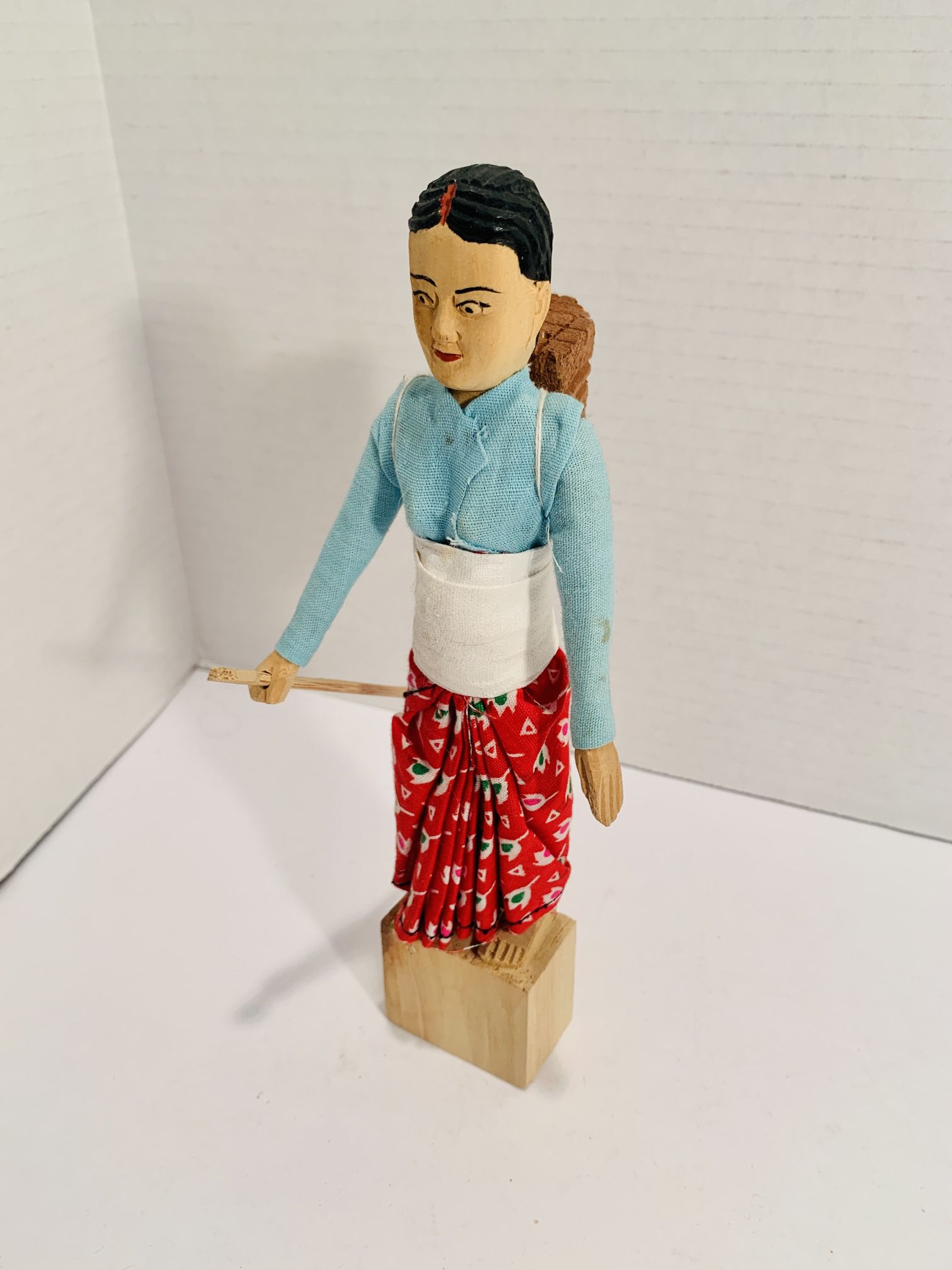 Vintage Rare Wooden Doll on Wood Stand With Basket & Stick