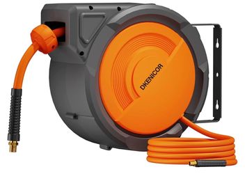 Retractable Air Hose Reel, 3/8" × 80ft Hybrid Hose, Auto Rewind Enclosed Air Compressor Hose Reel with 180° Swivel Bracket, Max 300 PSI Mechanical ree