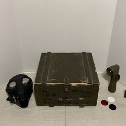 WW2 Ammo Box Gas Mask Flashlight And Antique Photo 