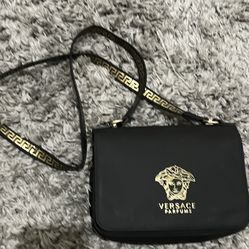 Versace Parfums Black Crossbody/Shoulder Bag - Iconic Medusa Logo & Greca Strap