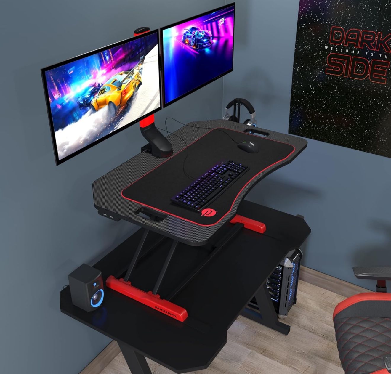 Brand New - Atlantic Red/Black Dardashti Desk Riser, Spring Assisted Height Adjustable, Sit to Stand Workstation, USB 3.0 Ports, Includes Dual Rotatin