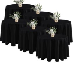  6 Pack Black Round Tablecloths - 120 Inches in Diameter - Stain Resistant and Washable Table Clothes, Polyester Fabric Table Covers for Wedding, Part