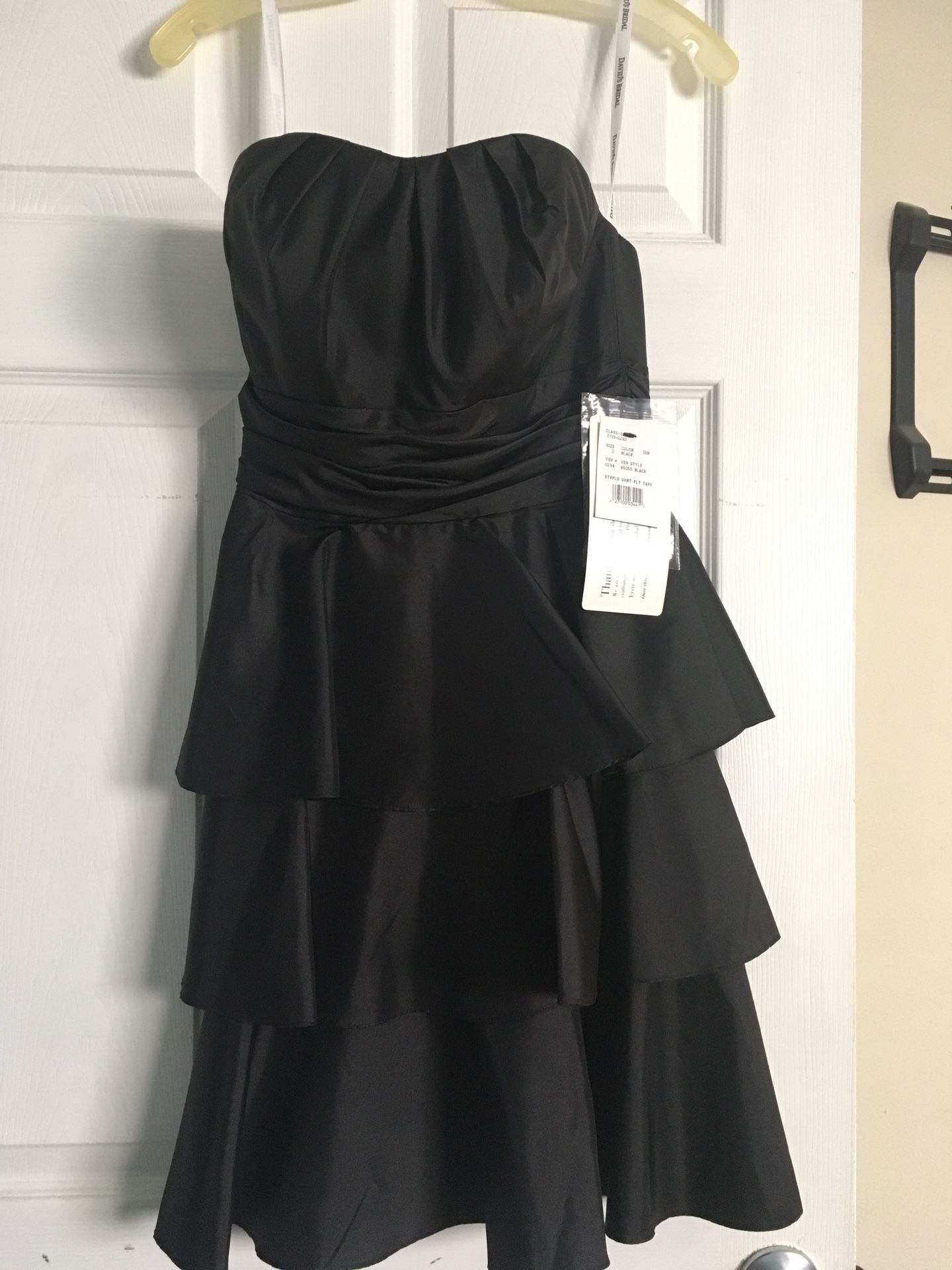 Strapless black taffeta David’s bridal dress