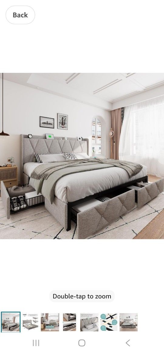 iPormis King Size Bed Frame with 4 Storage Drawers, Upholstered Platform Bed Frame with Charging Station, Modern Wingback Storage Headboard, Easy Asse