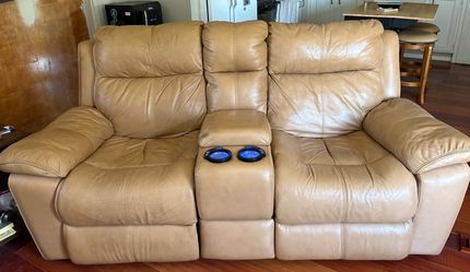 Beige Leather Reclining Sofa + Matching Console Loveseat – Good Condition