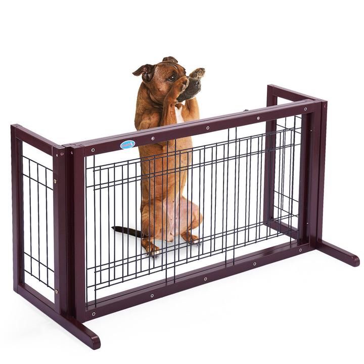 New Adjustable Indoor Dark Brown Solid Wood Pet Fence Dog Free Standing Gate 0239