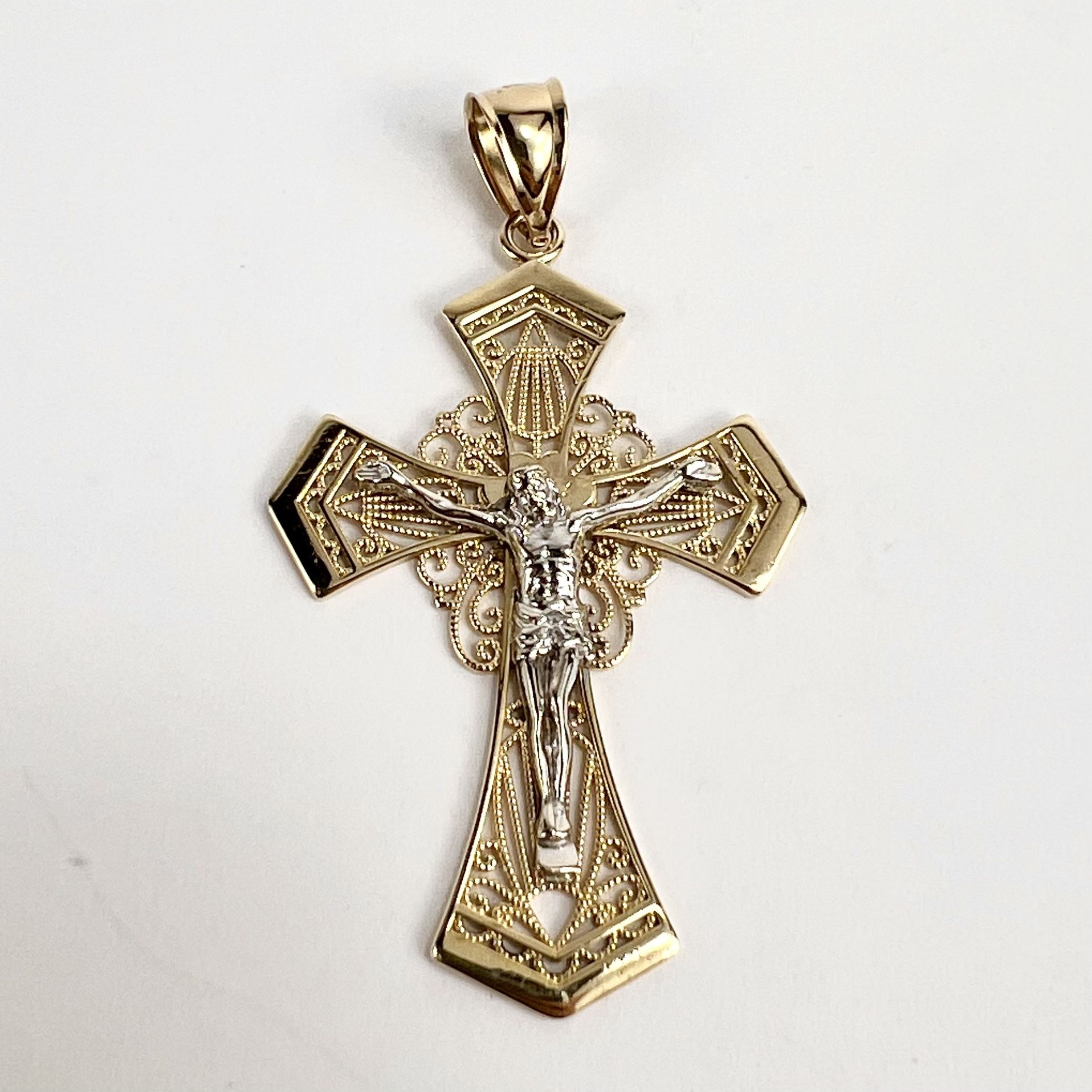 14k Multi-Tone Gold Crucifix Cross Jesus Charm Drop Pendant
