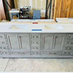 Brand New Bathroom Vanity “84” double sink, Soft Close Solid Wood in Gray Color, 14 drawers and 4 doors and modern handles with Marble Top In White 